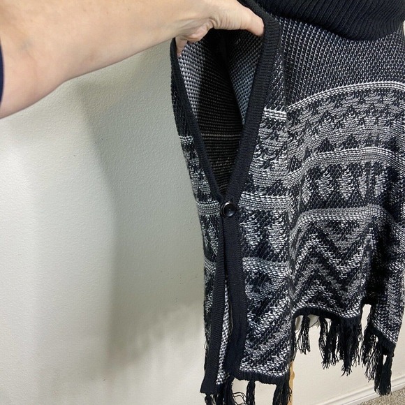 Indigo Black Button Side Fringe Cowl Neck Poncho L - Picture 3 of 11
